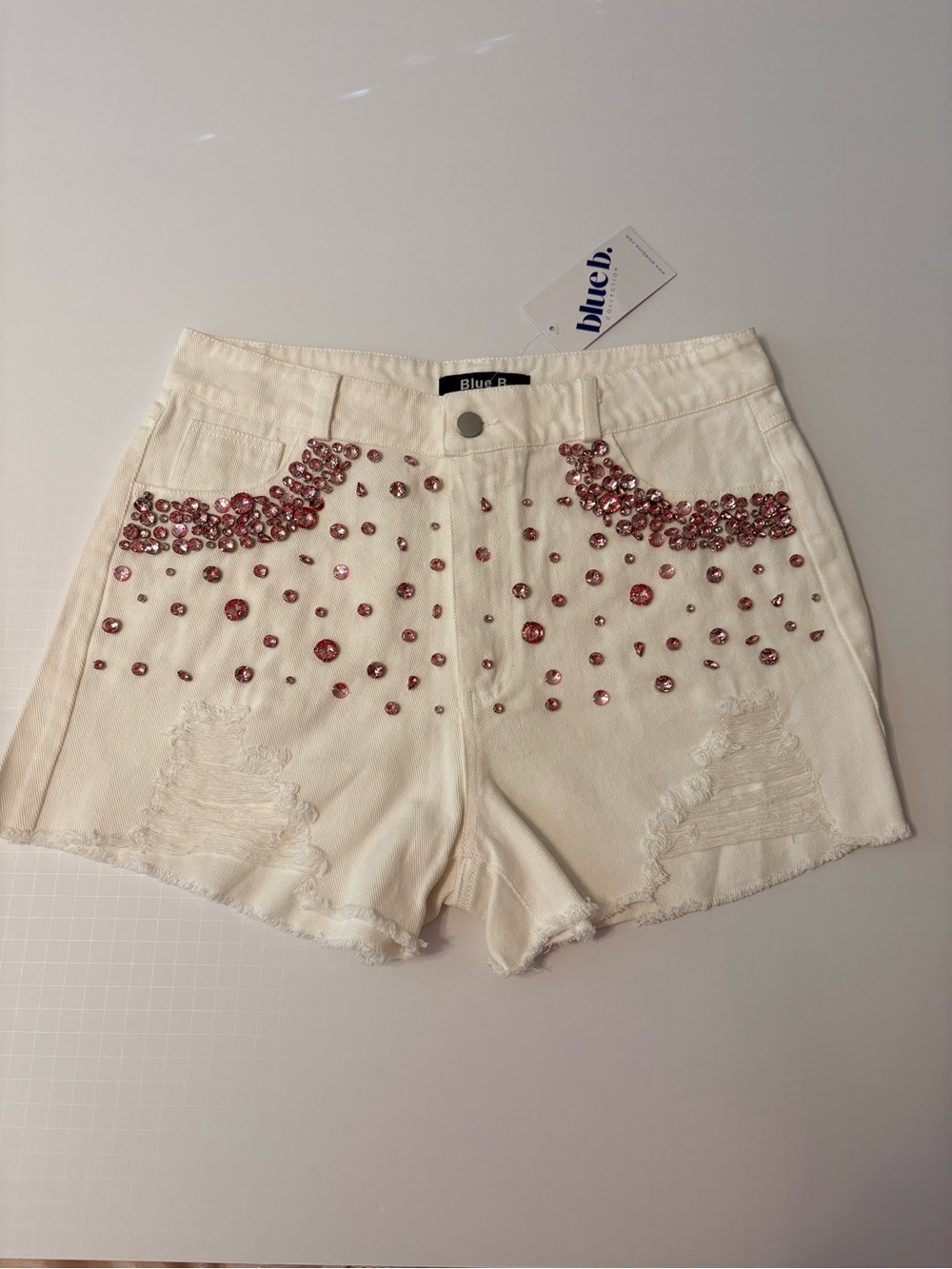Blue B Embellished White Denim Shorts with Pink Rhinestones